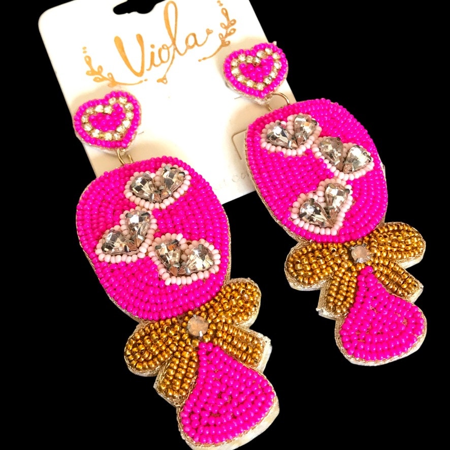 New Viola Valentines Pink Champagne Hot Pink Seed Bead Statement Earrings 15$